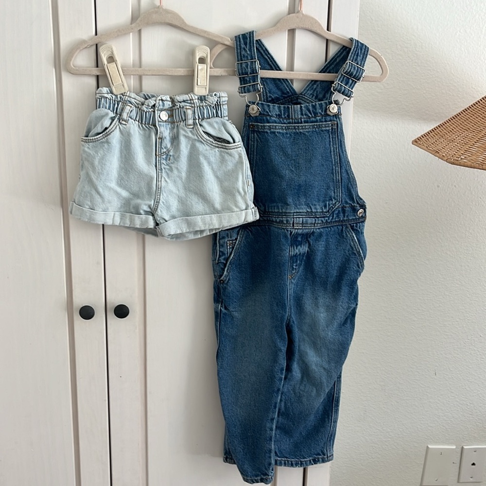 Zara baby denim jean overalls + Paperbag shorts